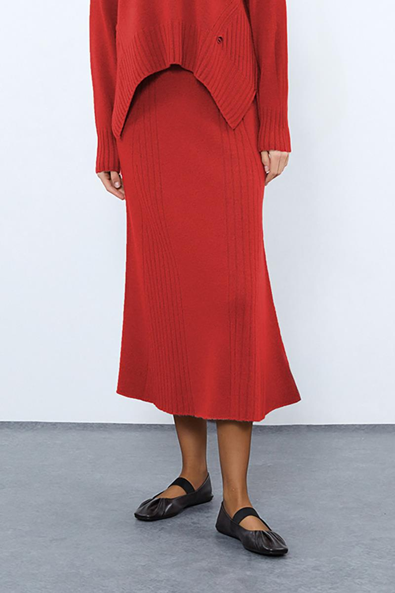Cashmere and Wool Blend Midi Skirt with Ribbed Detail ETK10052KIRMIZI