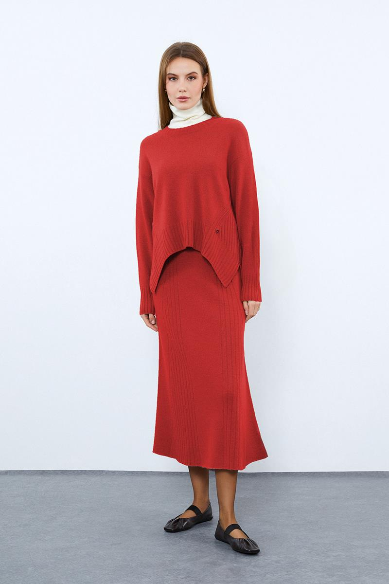 Cashmere and Wool Blend Midi Skirt with Ribbed Detail ETK10052KIRMIZI