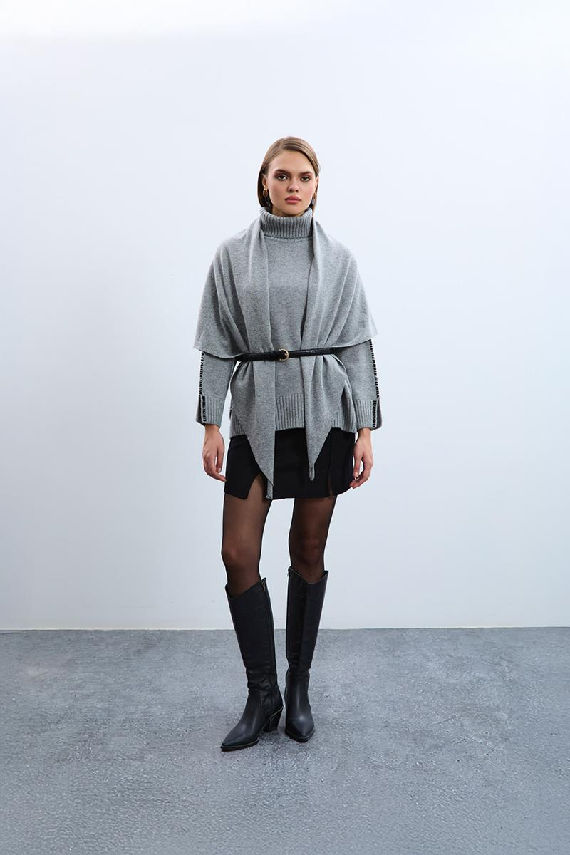 Cashmere and Wool Blend Knit Scarf AKS9928GRİ