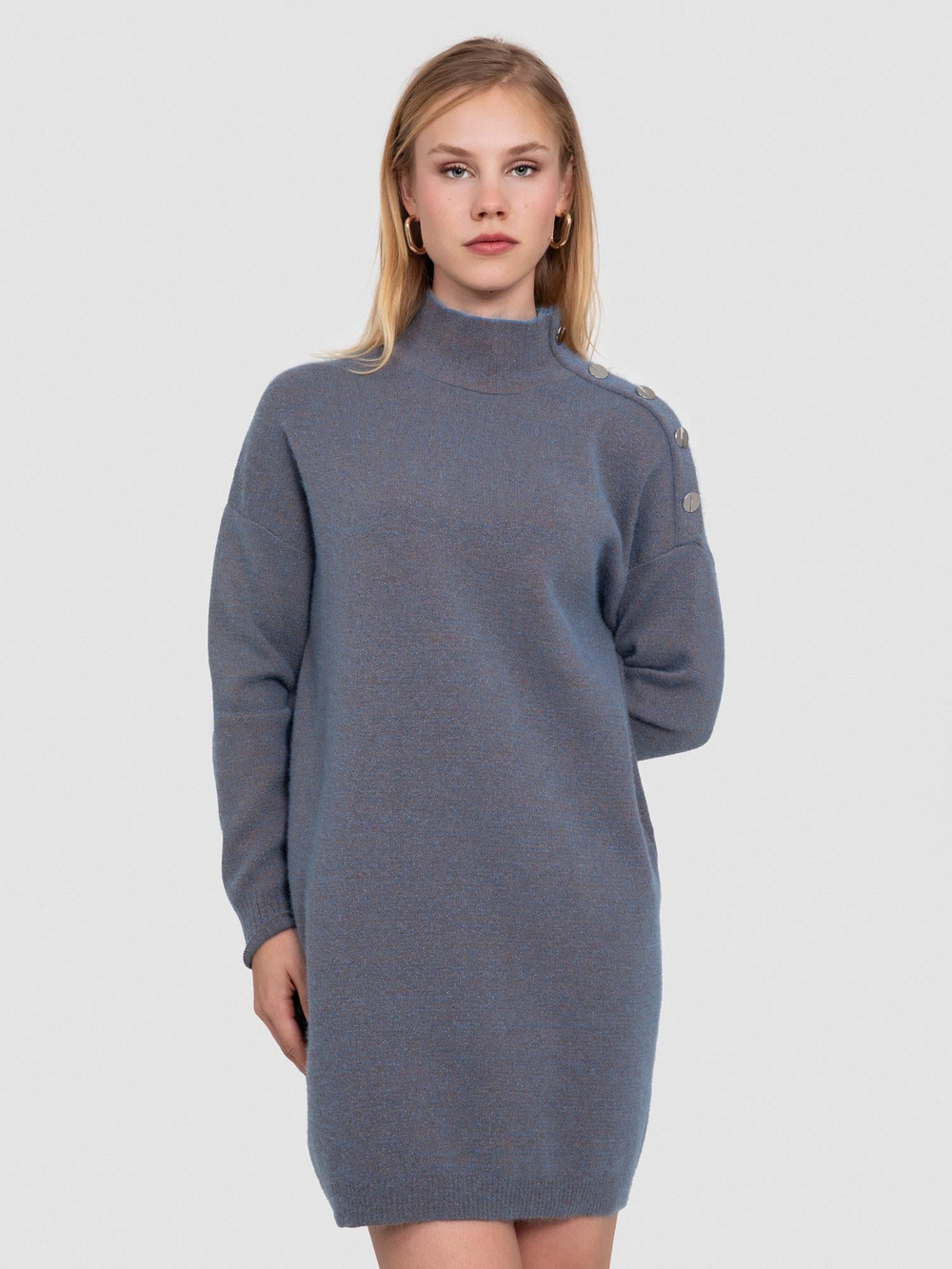 Organic Cotton and Lurex Dress with Button Detail ELB7500KMAVI KAHVE