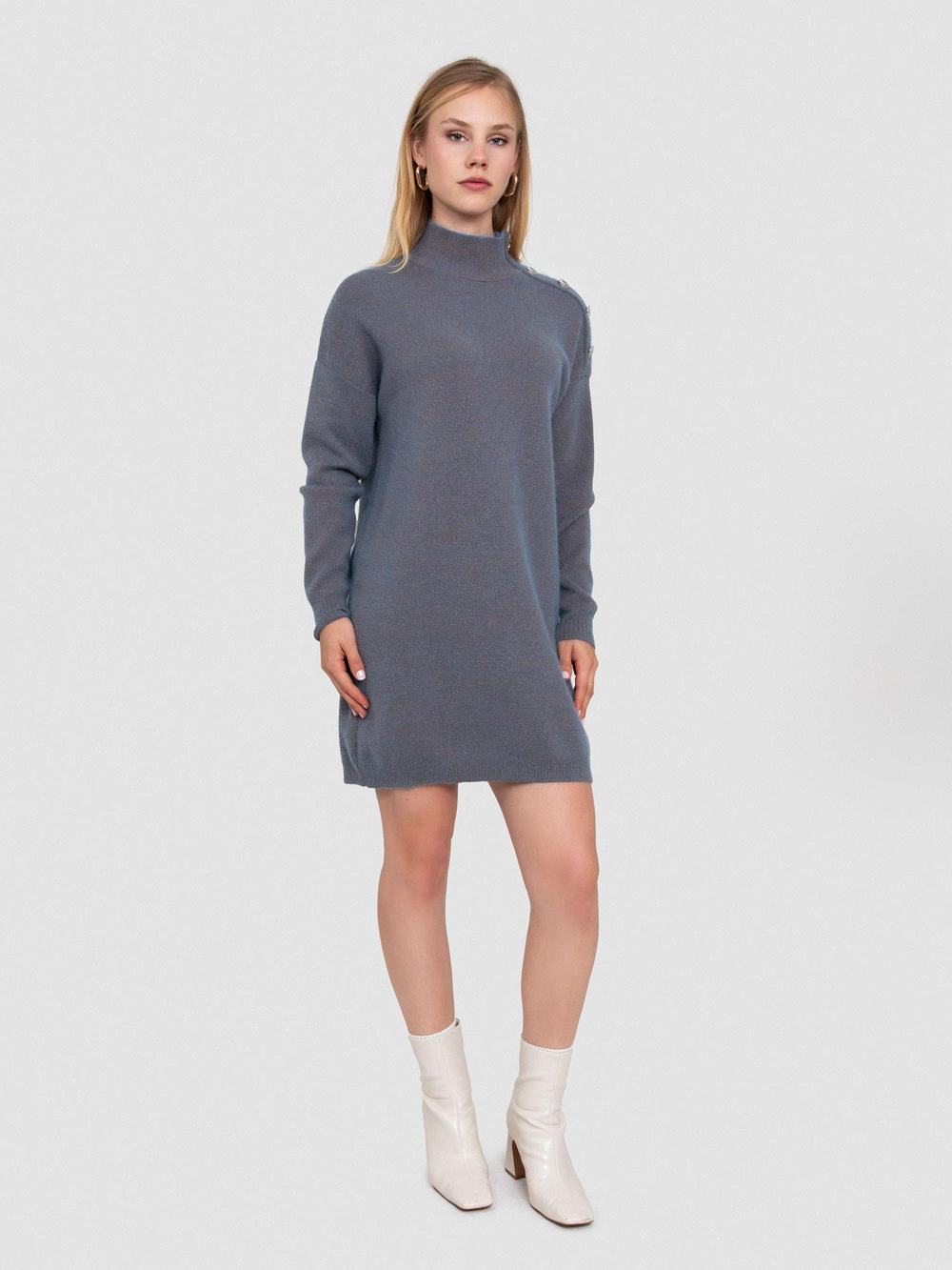 Organic Cotton and Lurex Dress with Button Detail ELB7500KMAVI KAHVE