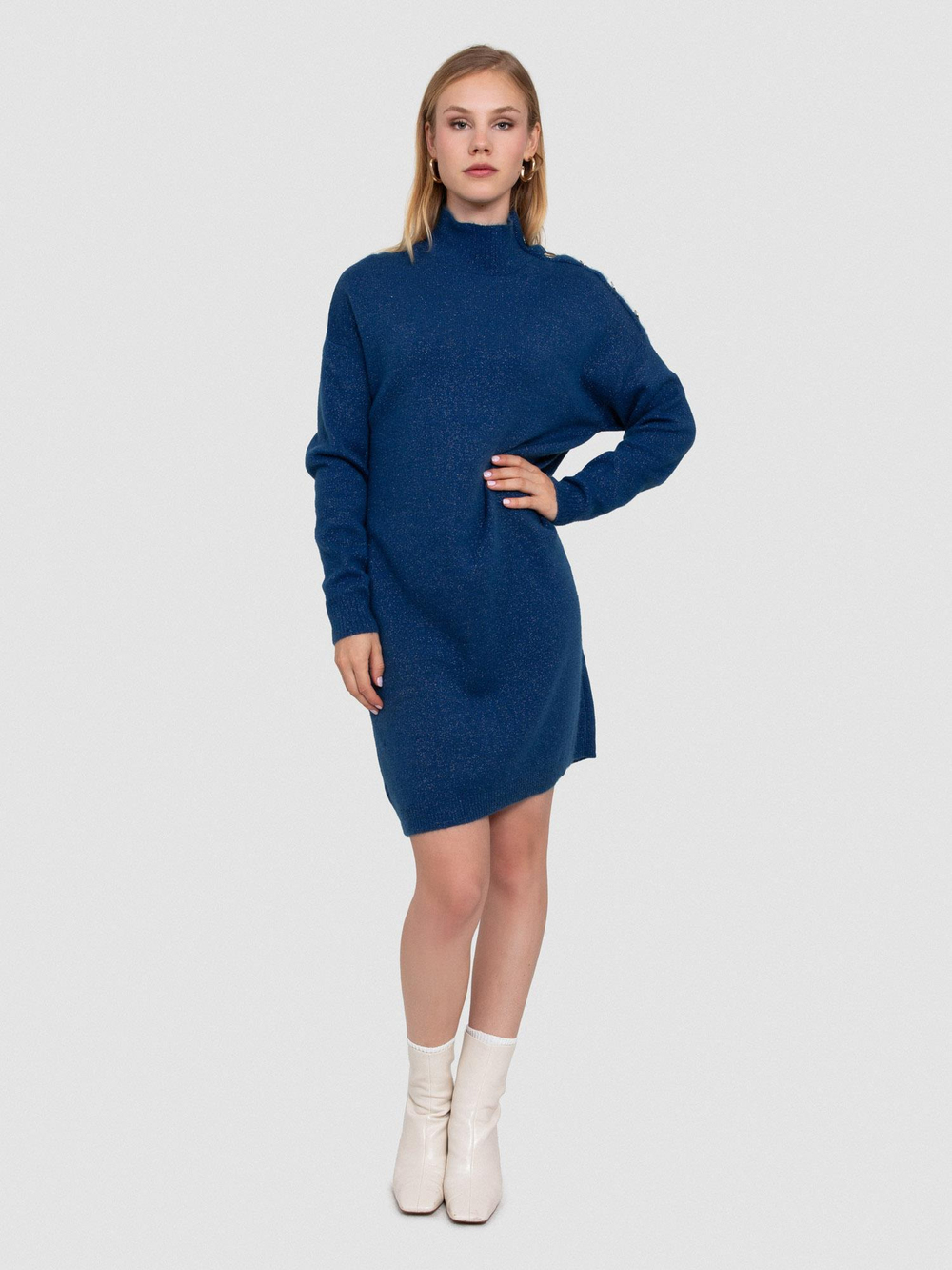 Organic Cotton and Lurex Dress with Button Detail ELB7500LACIVERT
