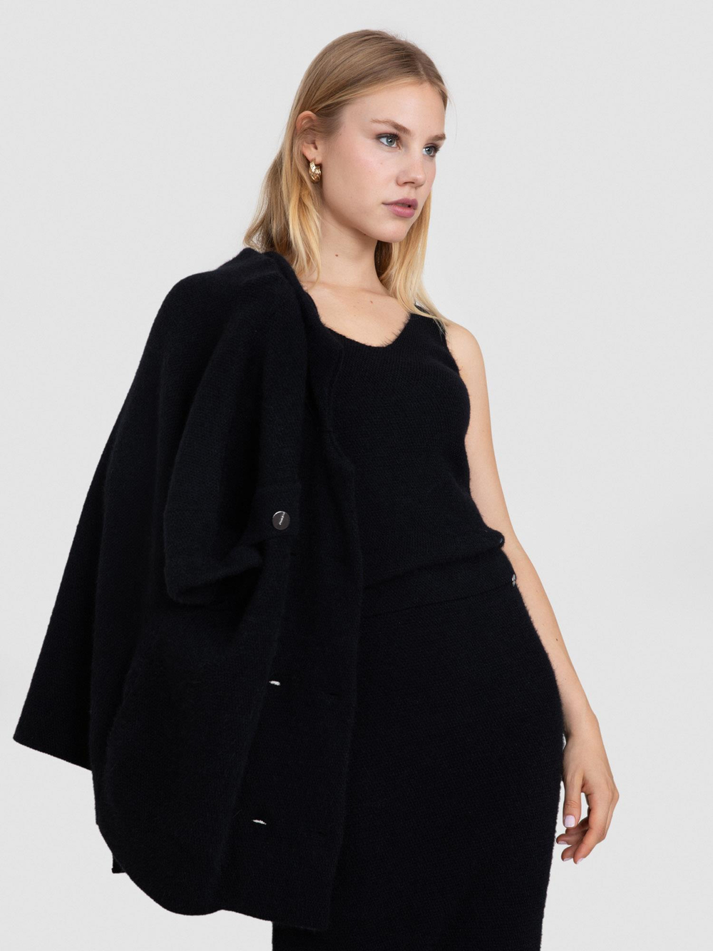Organic Cotton Blend Double-Breasted Cardigan with Metallic Thread HRK8248SİYAH