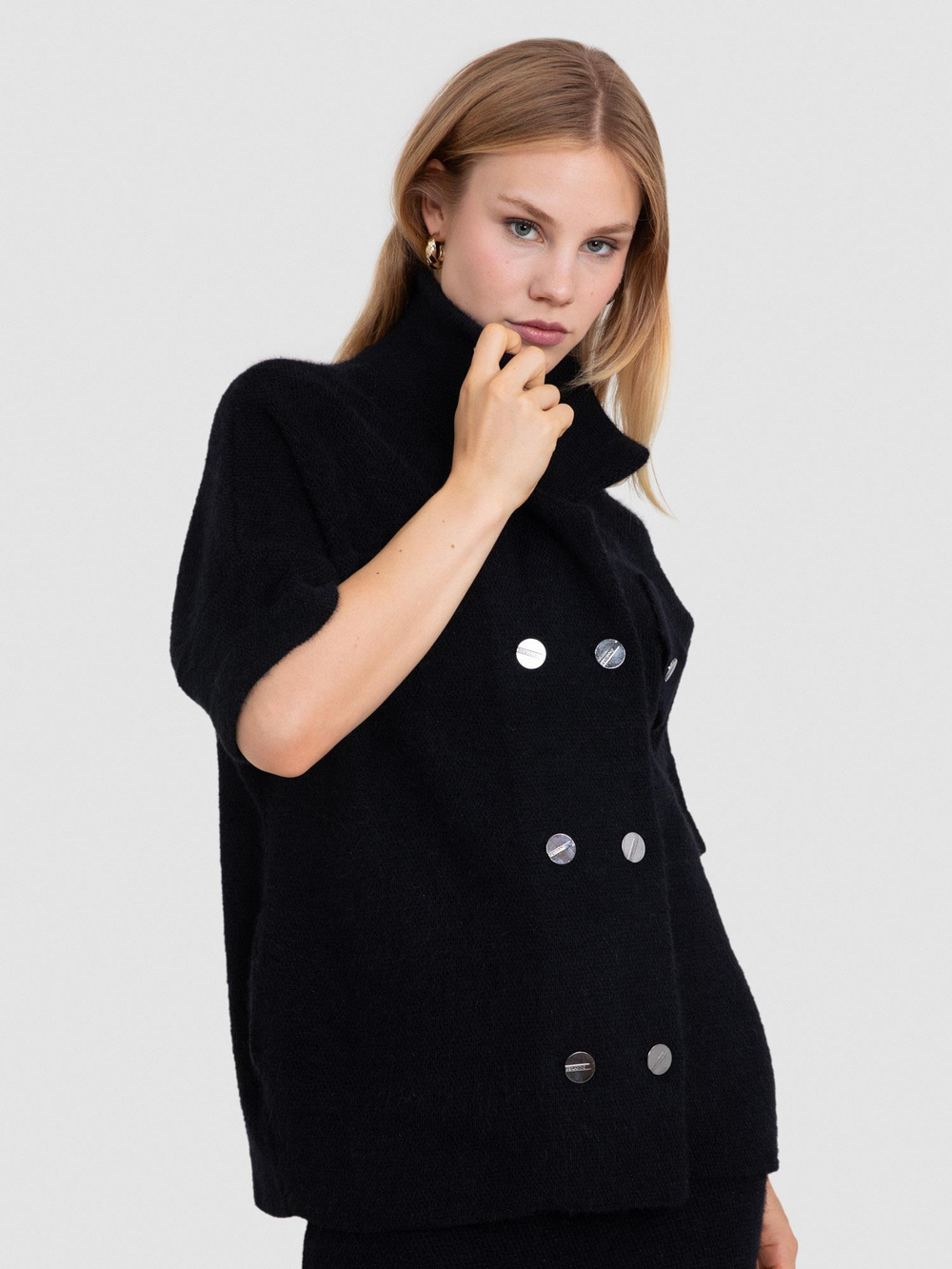 Organic Cotton Blend Double-Breasted Cardigan with Metallic Thread HRK8248SİYAH