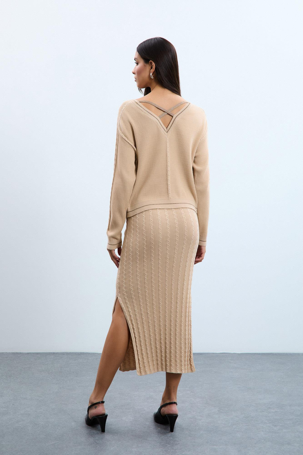 Organic Cotton Blend Sweater with Back Detail KZK10750 BEJ