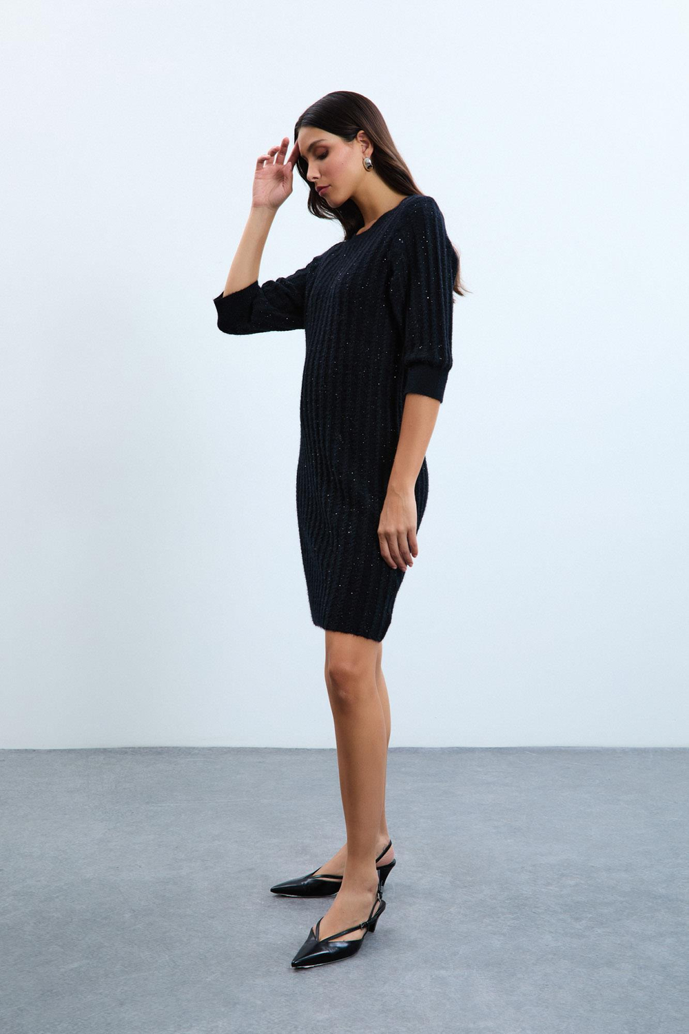 Sequin Dress with Button-Detail  ELB10734 SİYAH