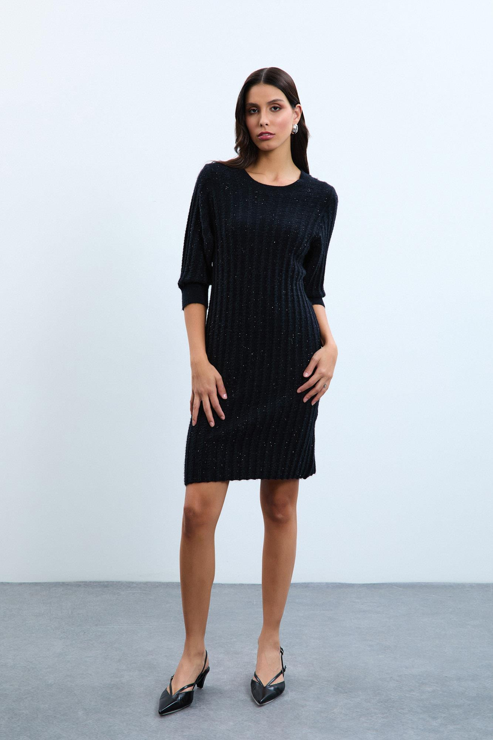 Sequin Dress with Button-Detail  ELB10734 SİYAH