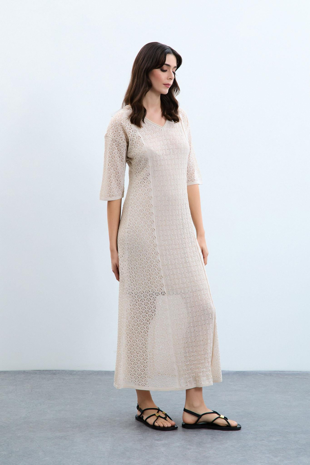 V-Neck Open-Knit Dress ELB9520KEMİK