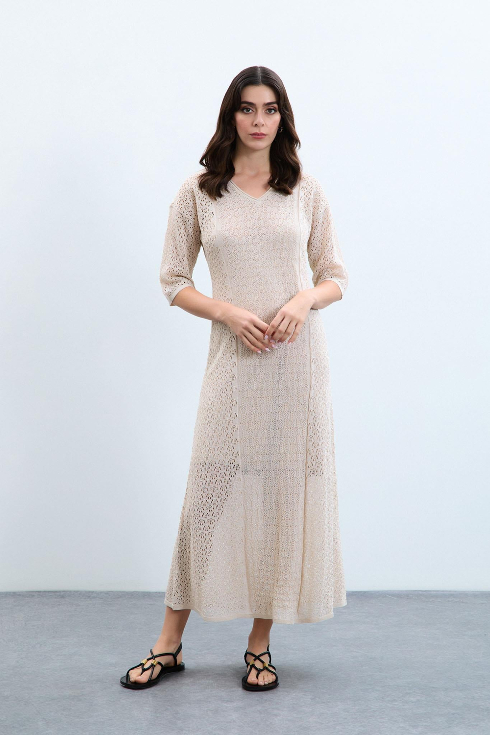 V-Neck Open-Knit Dress ELB9520KEMİK
