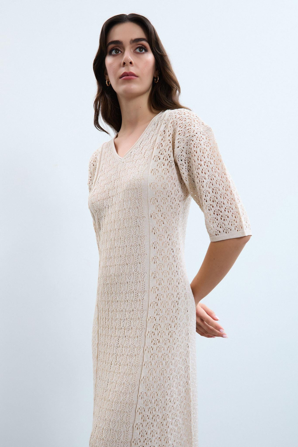 V-Neck Open-Knit Dress ELB9520KEMİK
