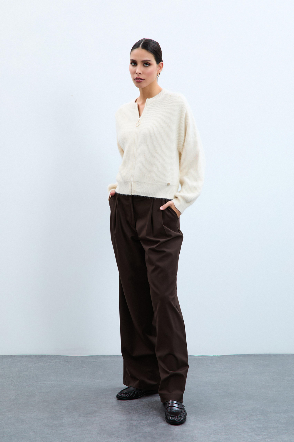 Wool Blend Cardigan with Zipper Detail HRK10778KEMİK