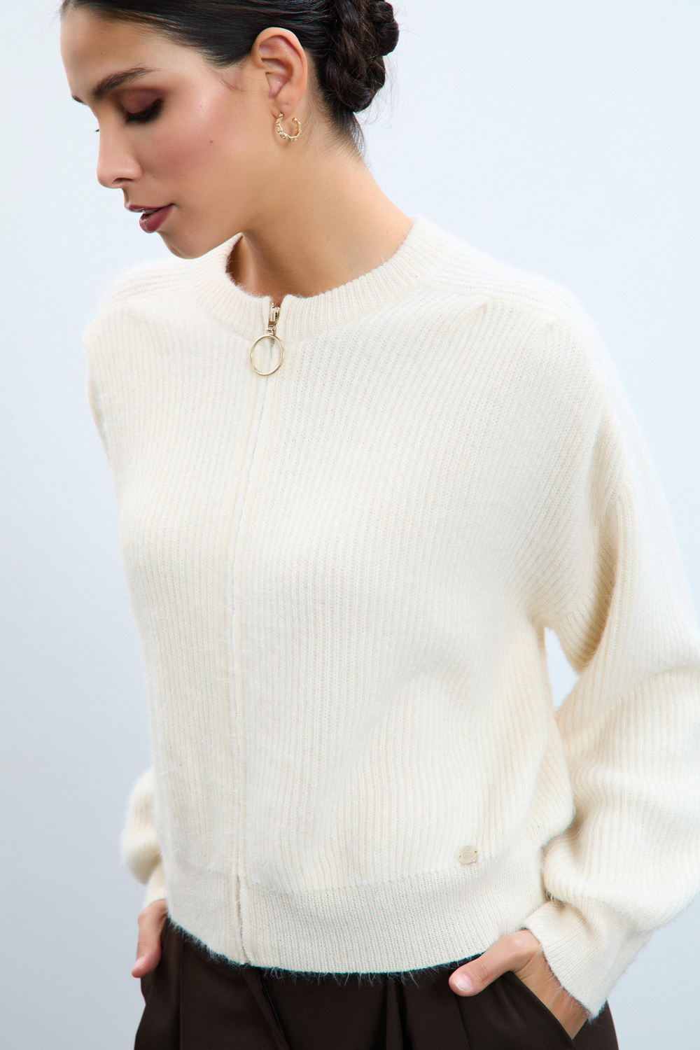 Wool Blend Cardigan with Zipper Detail HRK10778KEMİK