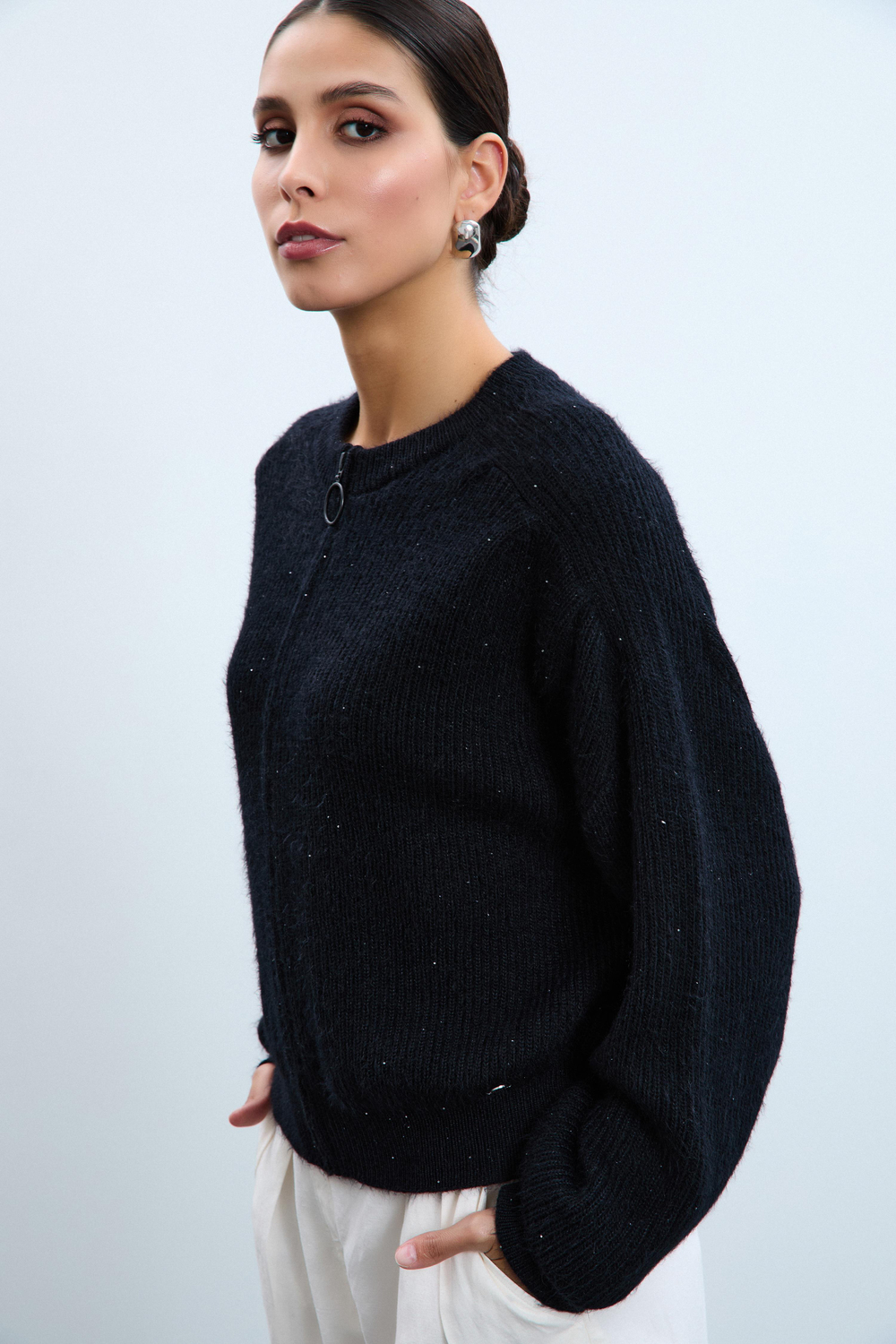 Wool Blend Cardigan with Zipper Detail HRK10778SİYAH