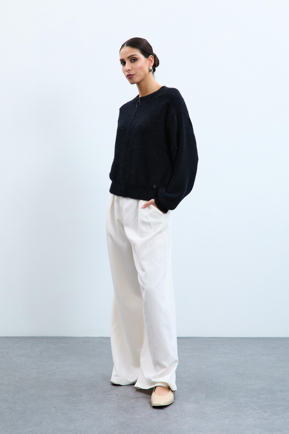Wool Blend Cardigan with Zipper Detail HRK10778SİYAH