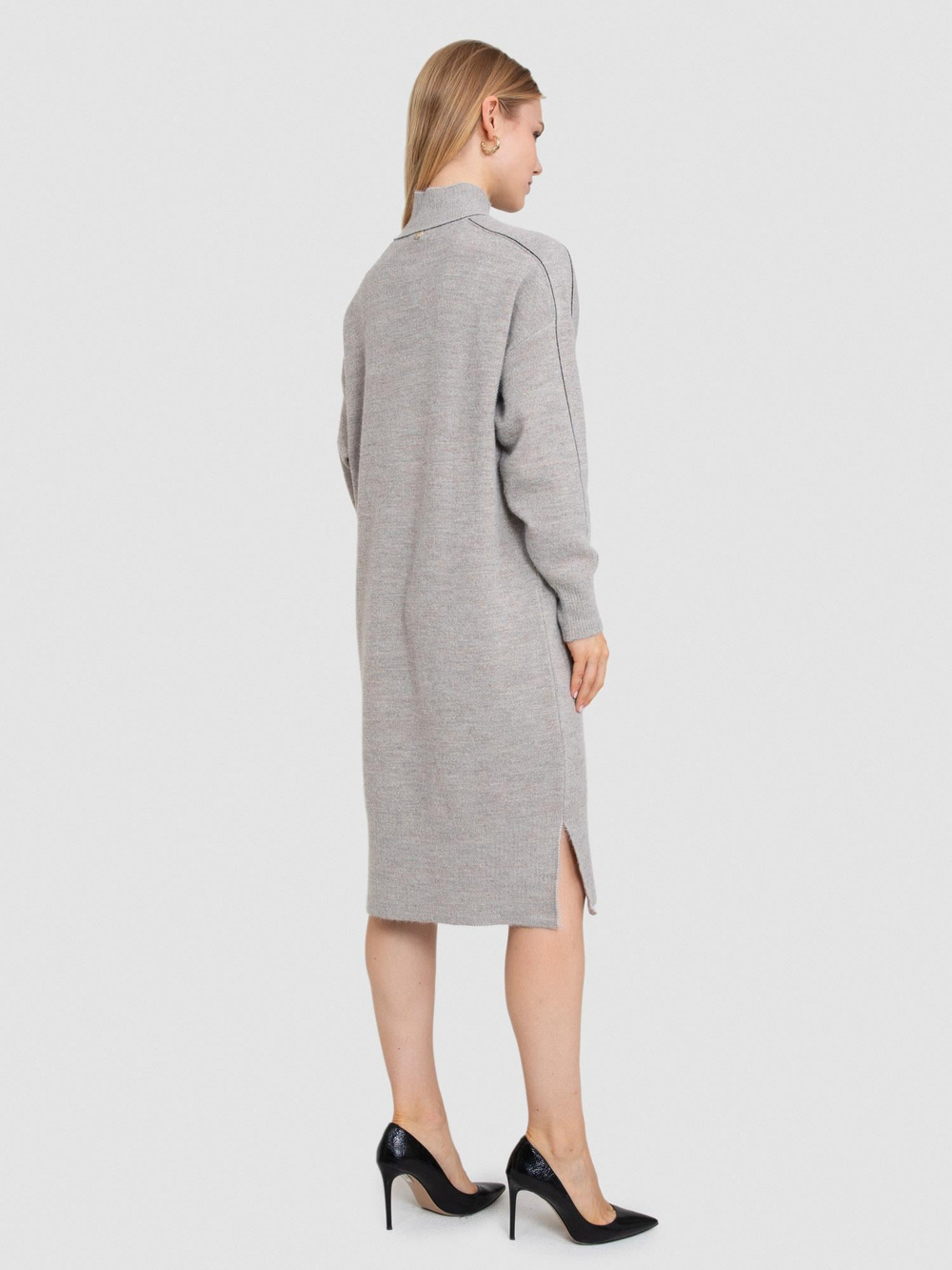 Brushed-Effect Wool Blend High Neck Dress with Stripe Detail ELB5192ACIK VIZON