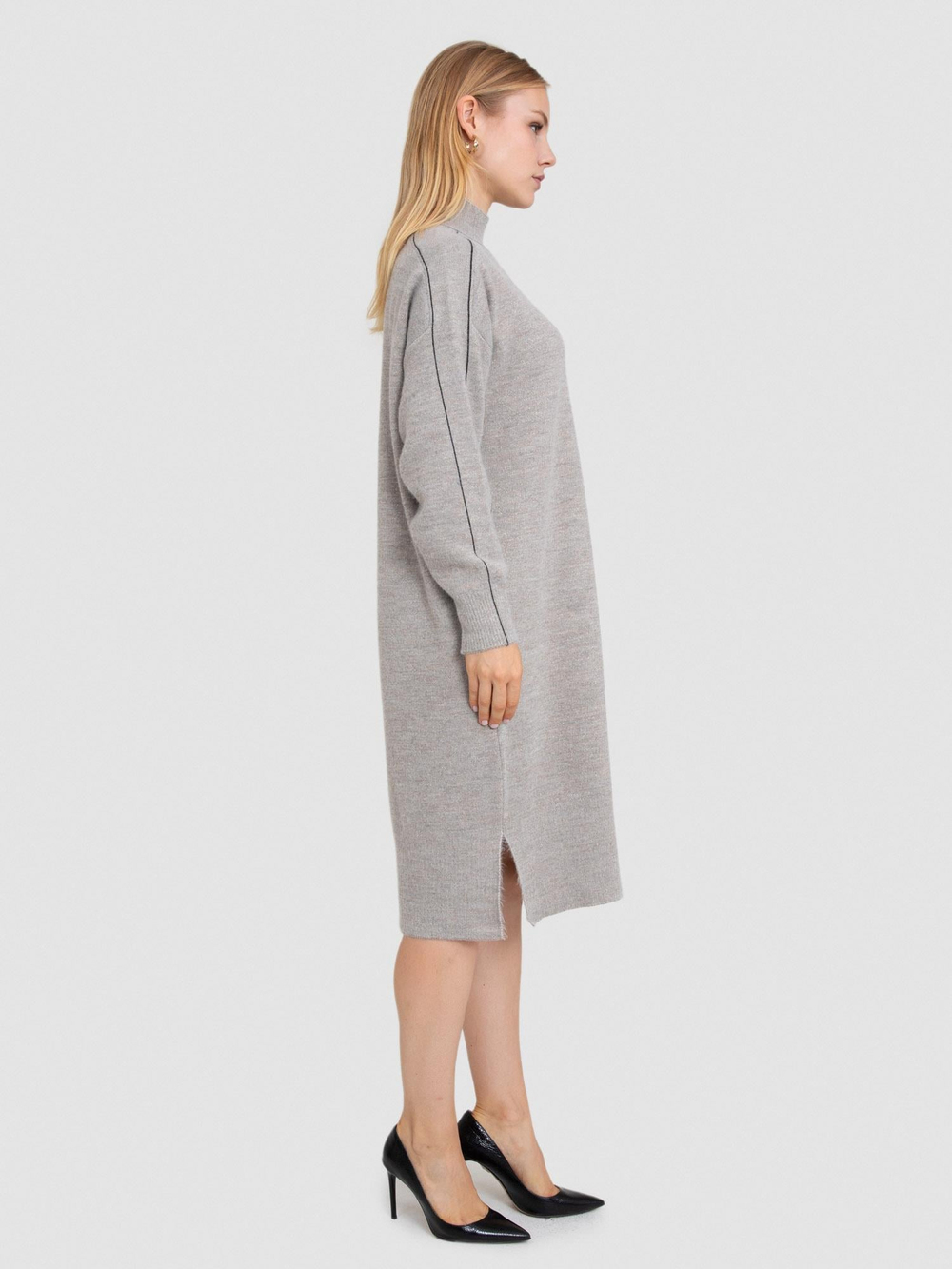 Brushed-Effect Wool Blend High Neck Dress with Stripe Detail ELB5192ACIK VIZON