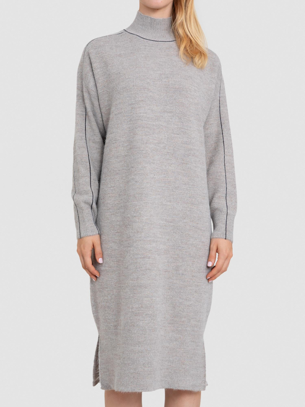 Brushed-Effect Wool Blend High Neck Dress with Stripe Detail ELB5192ACIK VIZON