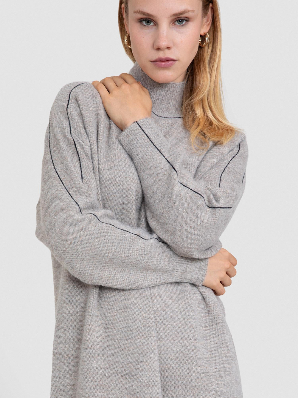 Brushed-Effect Wool Blend High Neck Dress with Stripe Detail ELB5192ACIK VIZON