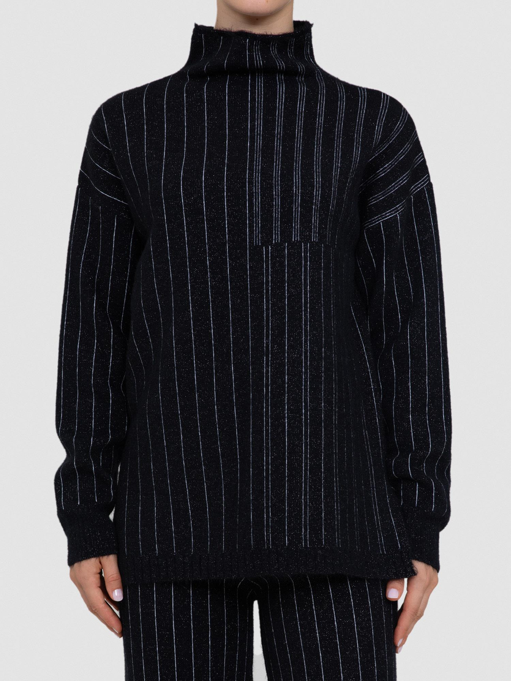 Wool Blend High Neck Sweater with Contrast Stripe Detail TNK8346SIYAH