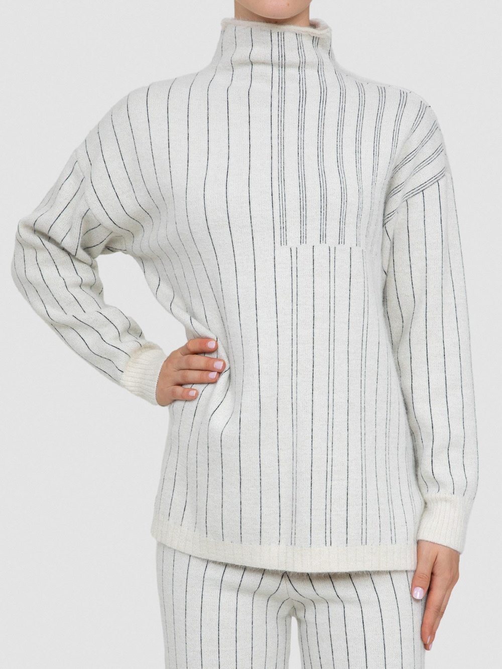 Wool Blend High Neck Sweater with Contrast Stripe Detail TNK8346KEMIK