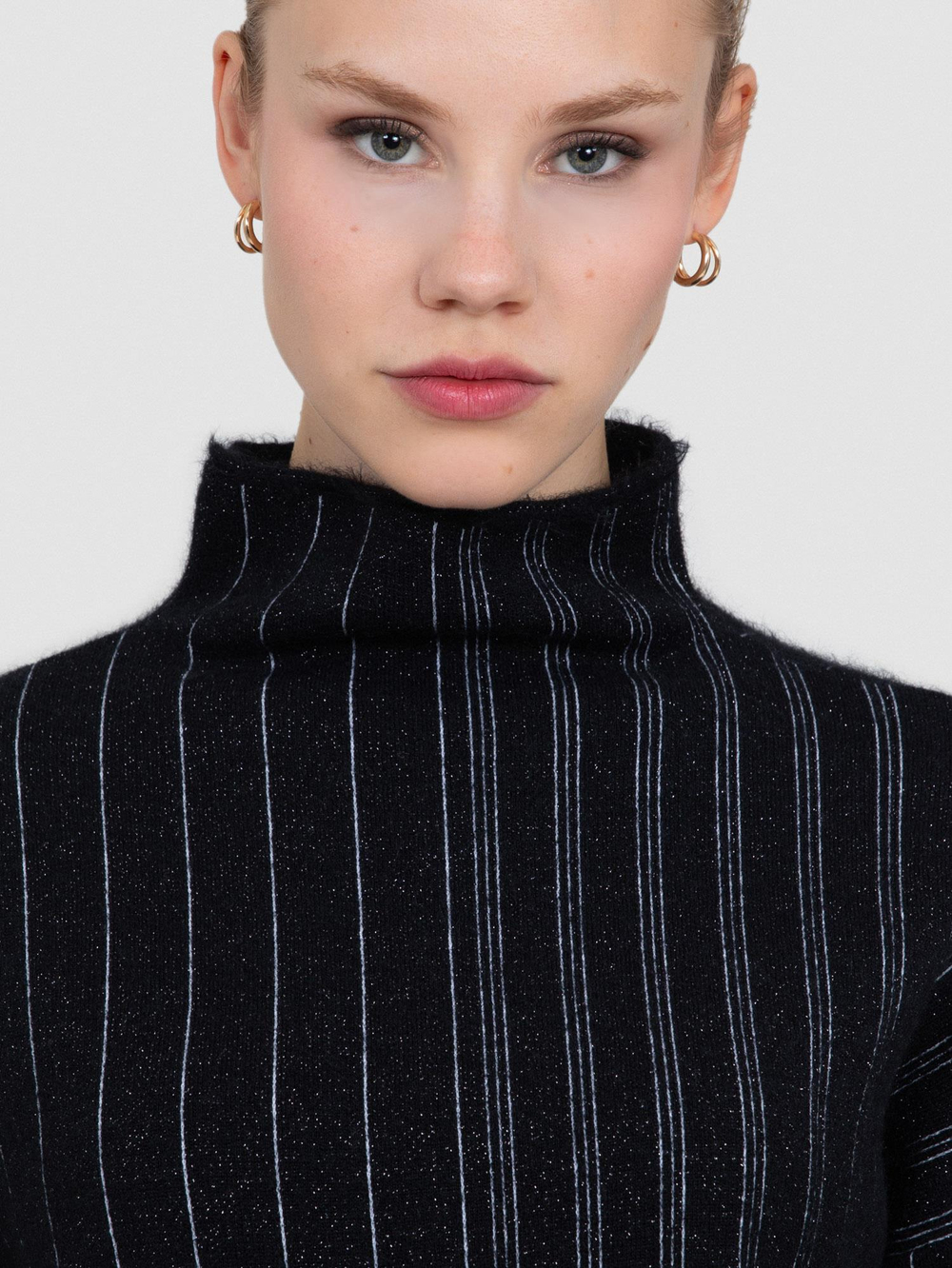 Wool Blend High Neck Sweater with Contrast Stripe Detail TNK8346SIYAH