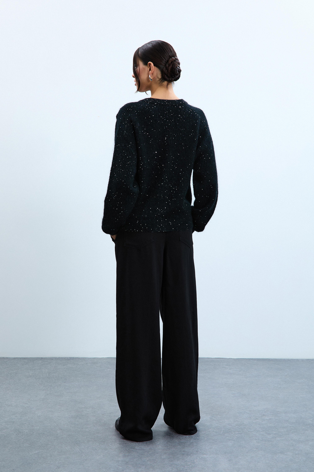 Wool and Mohair Blend Sequin Cardigan with Drape Detail HRK10622SİYAH