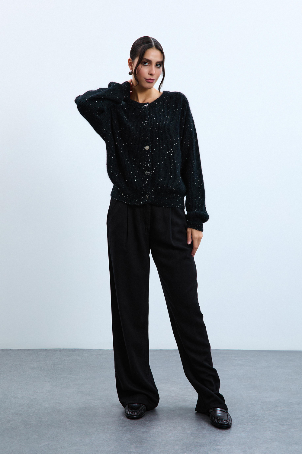 Wool and Mohair Blend Sequin Cardigan with Drape Detail HRK10622SİYAH