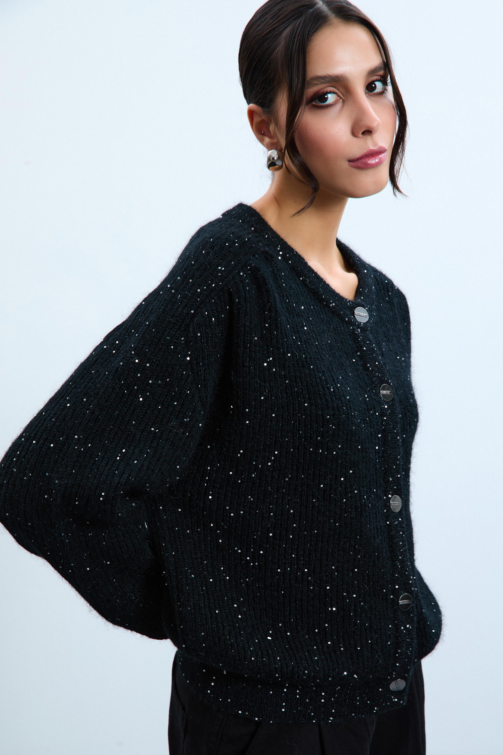 Wool and Mohair Blend Sequin Cardigan with Drape Detail HRK10622SİYAH