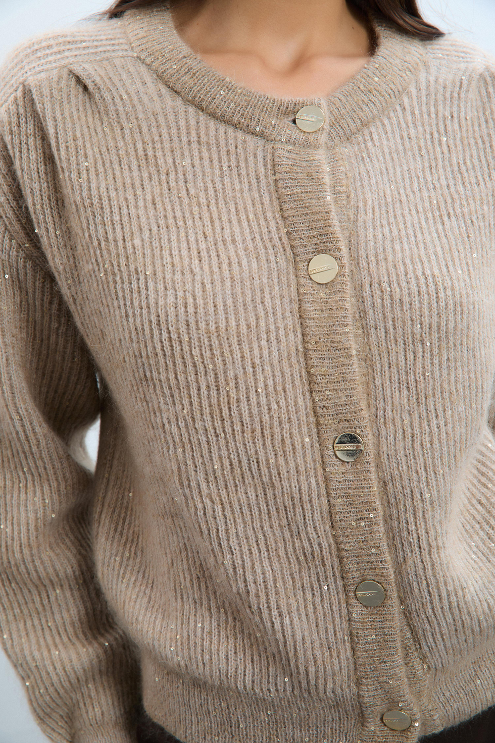 Wool and Mohair Blend Sequin Cardigan with Drape Detail HRK10622BEJ