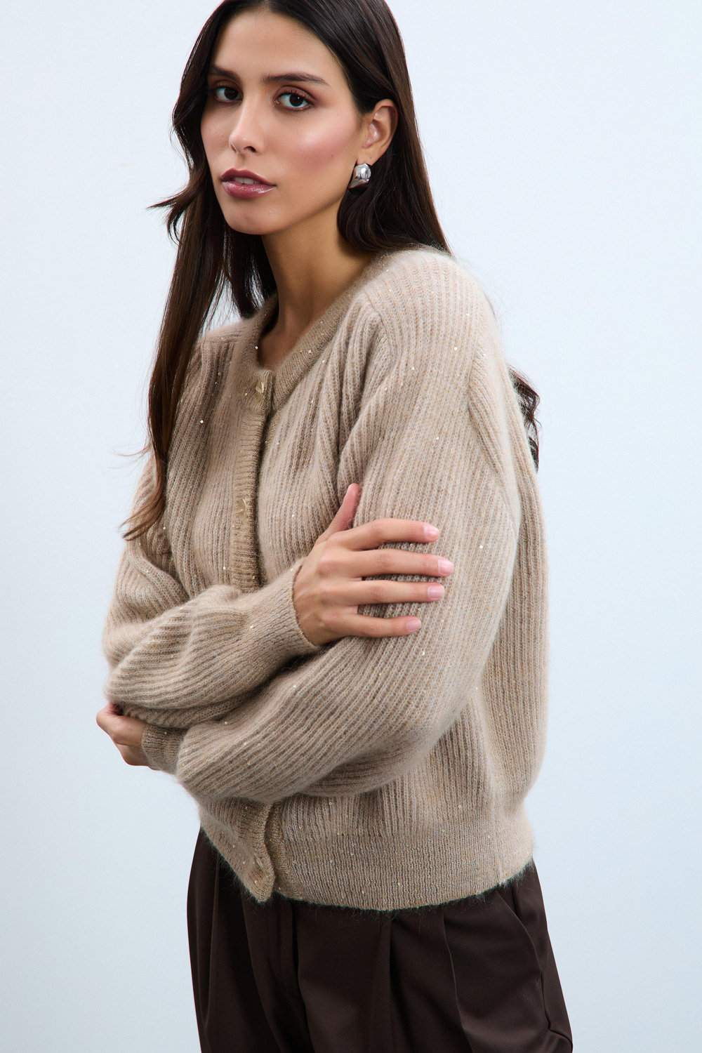 Wool and Mohair Blend Sequin Cardigan with Drape Detail HRK10622BEJ