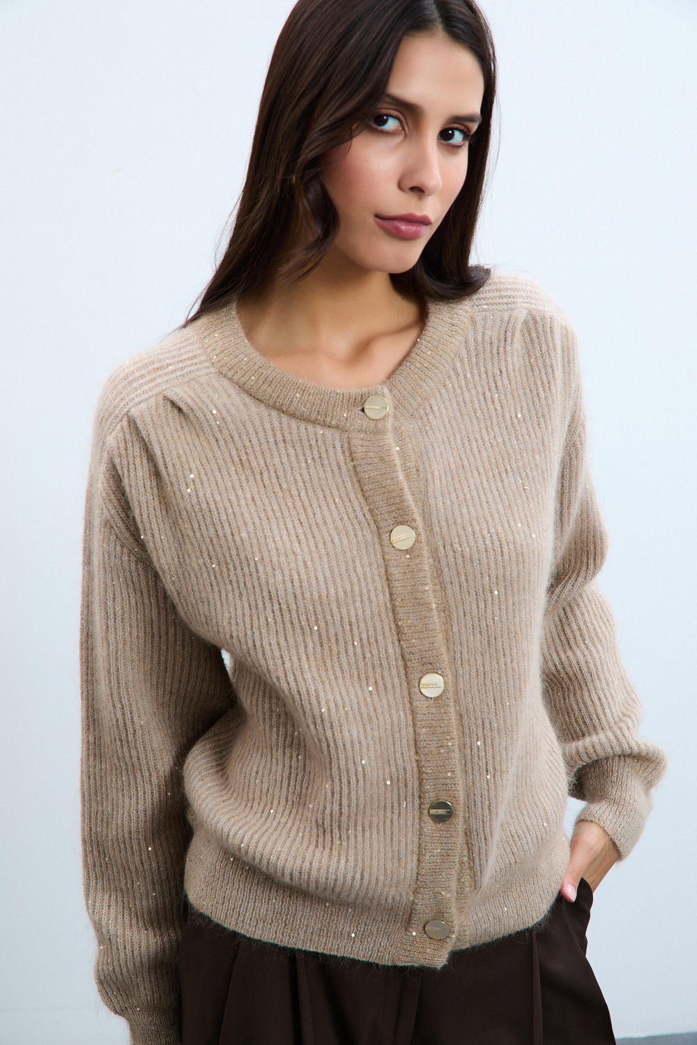Wool and Mohair Blend Sequin Cardigan with Drape Detail HRK10622BEJ