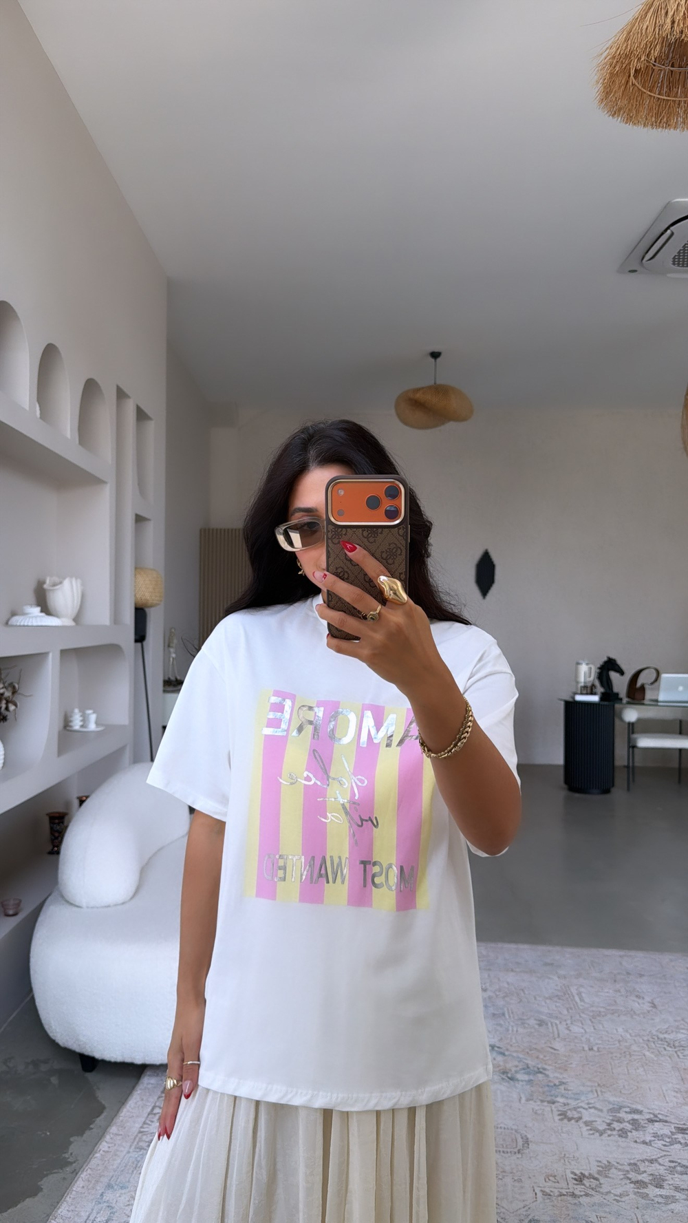 Amore Sarı Pembe Şerit Baskılı Pamuklu Tshirt