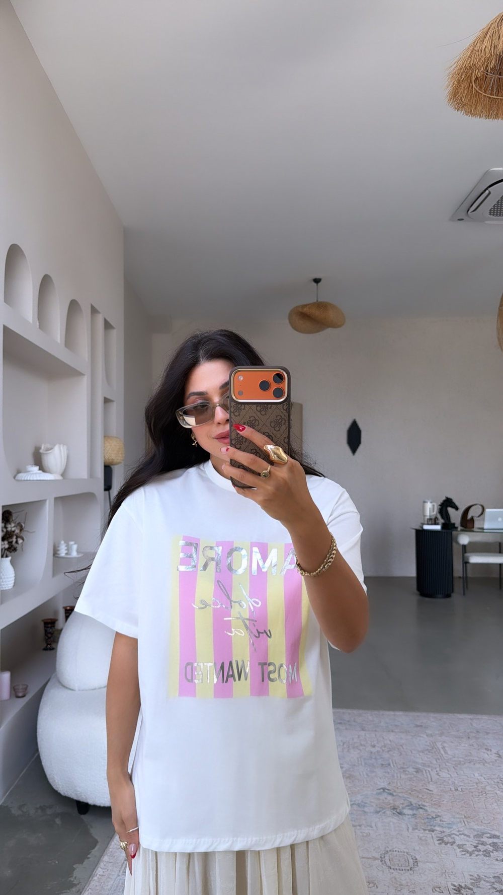 Amore Sarı Pembe Şerit Baskılı Pamuklu Tshirt