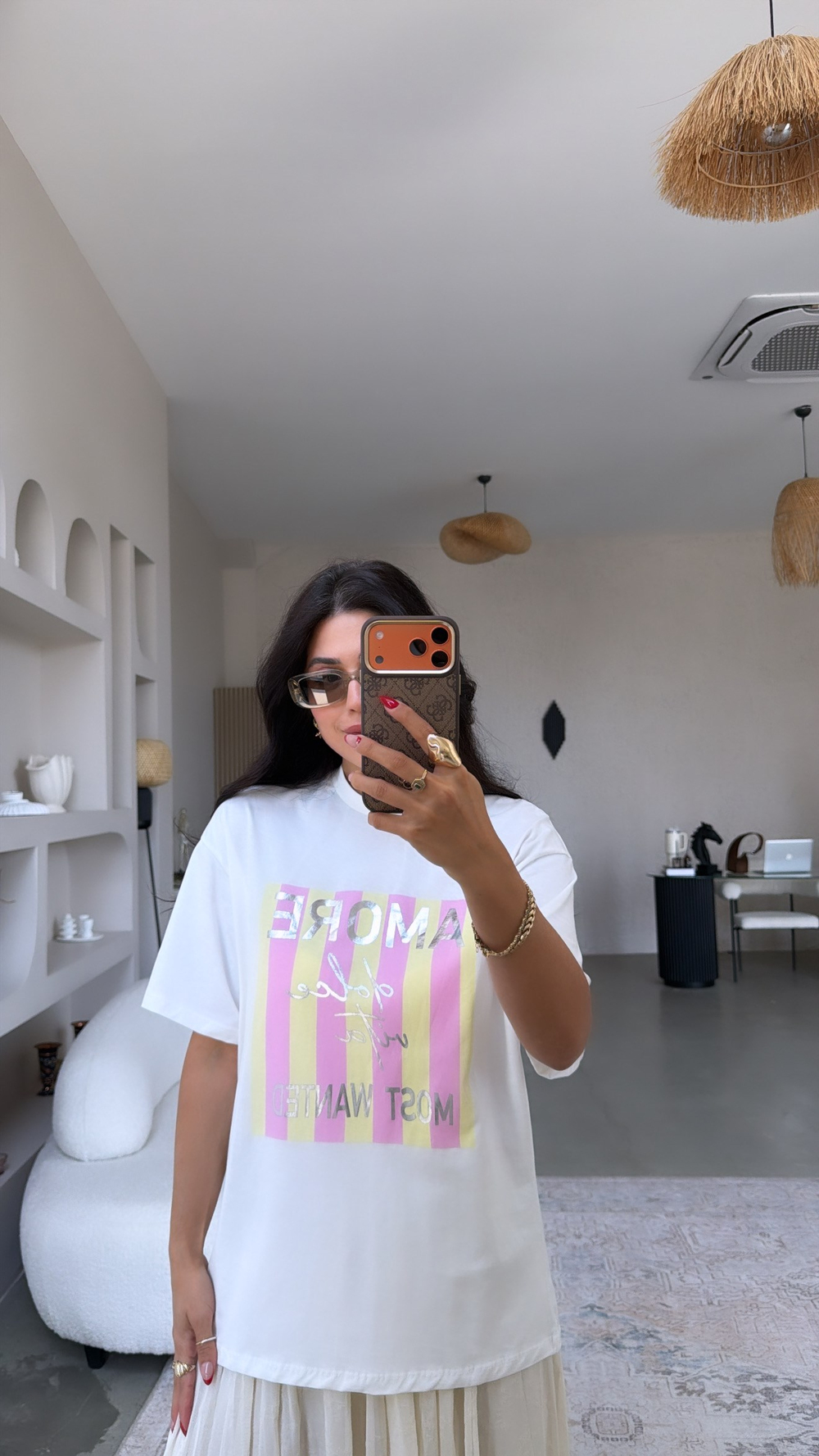 Amore Sarı Pembe Şerit Baskılı Pamuklu Tshirt