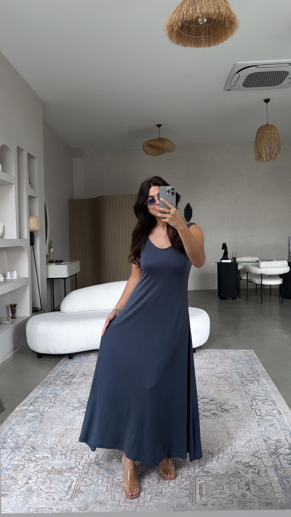 Antrasit Askıları Lastikli Pike Modal Elbise