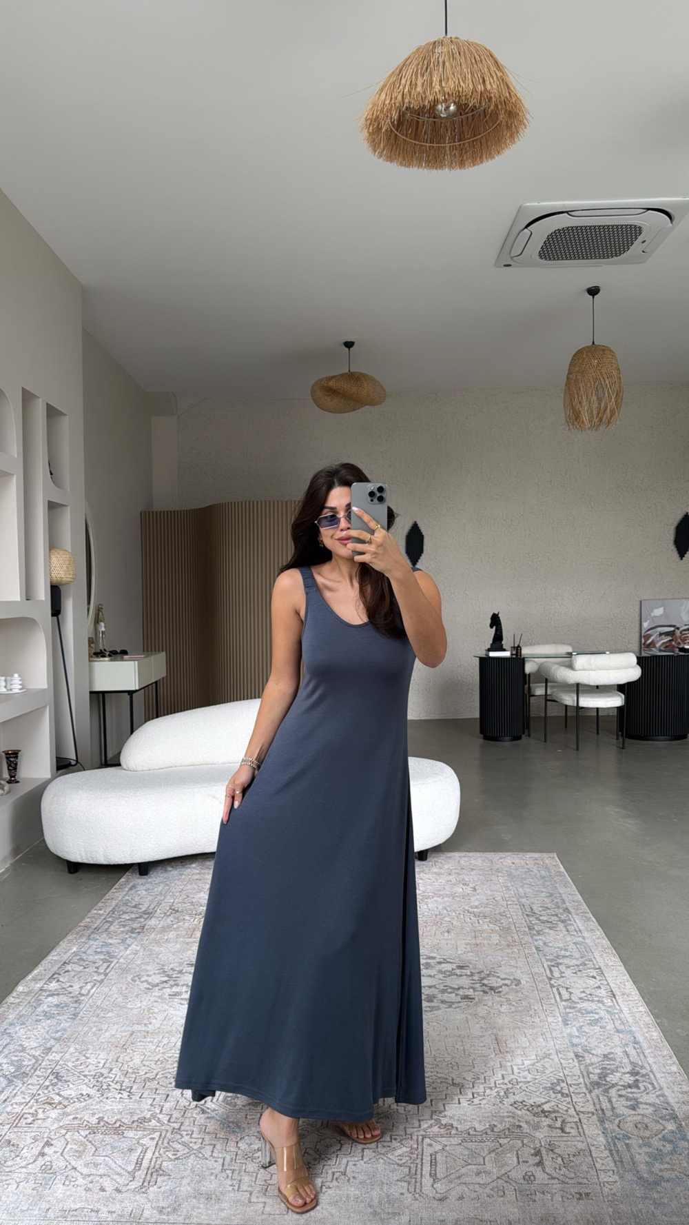 Antrasit Askıları Lastikli Pike Modal Elbise
