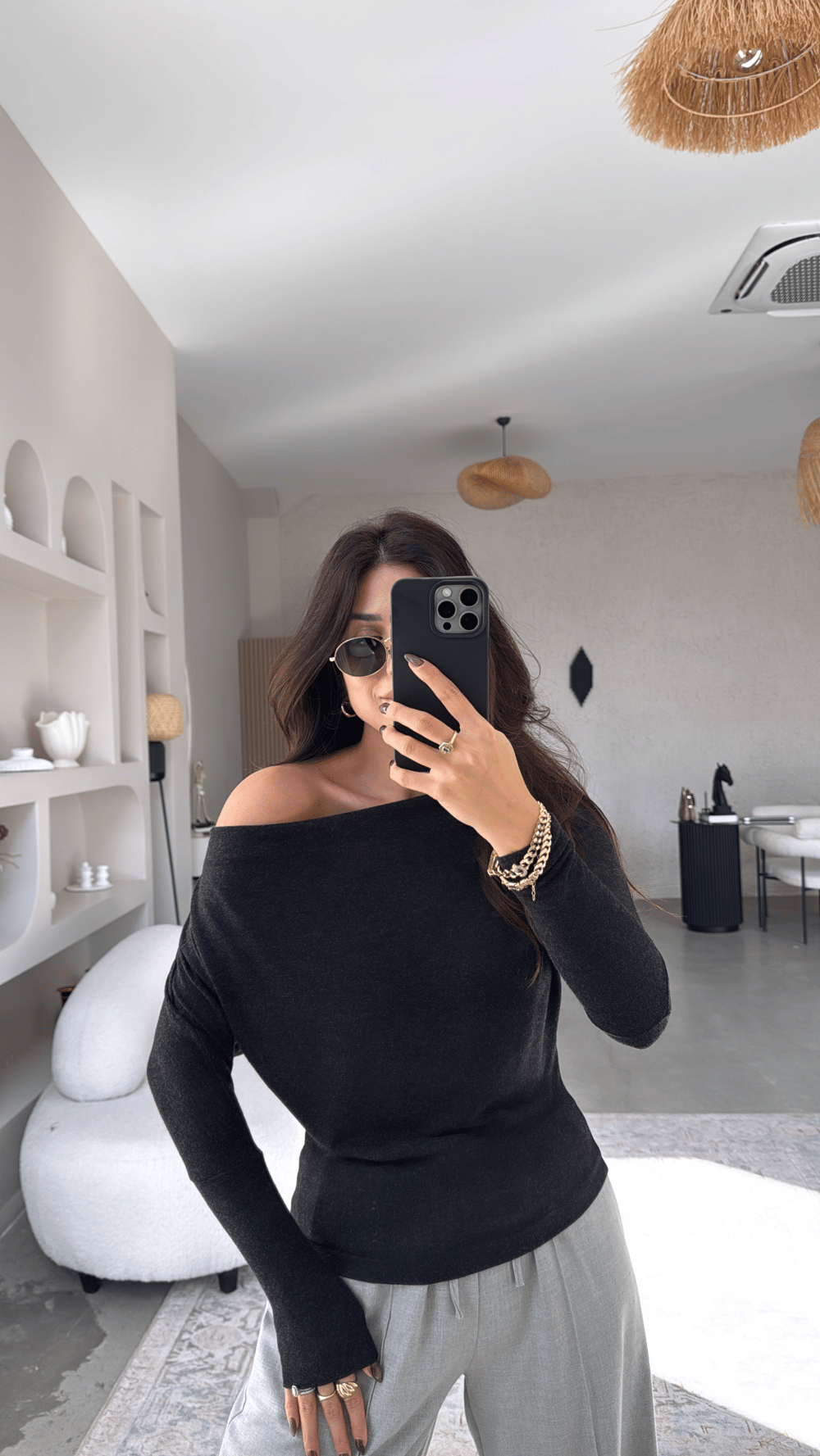 Antrasit Buzzy Omzu Açık Bluz
