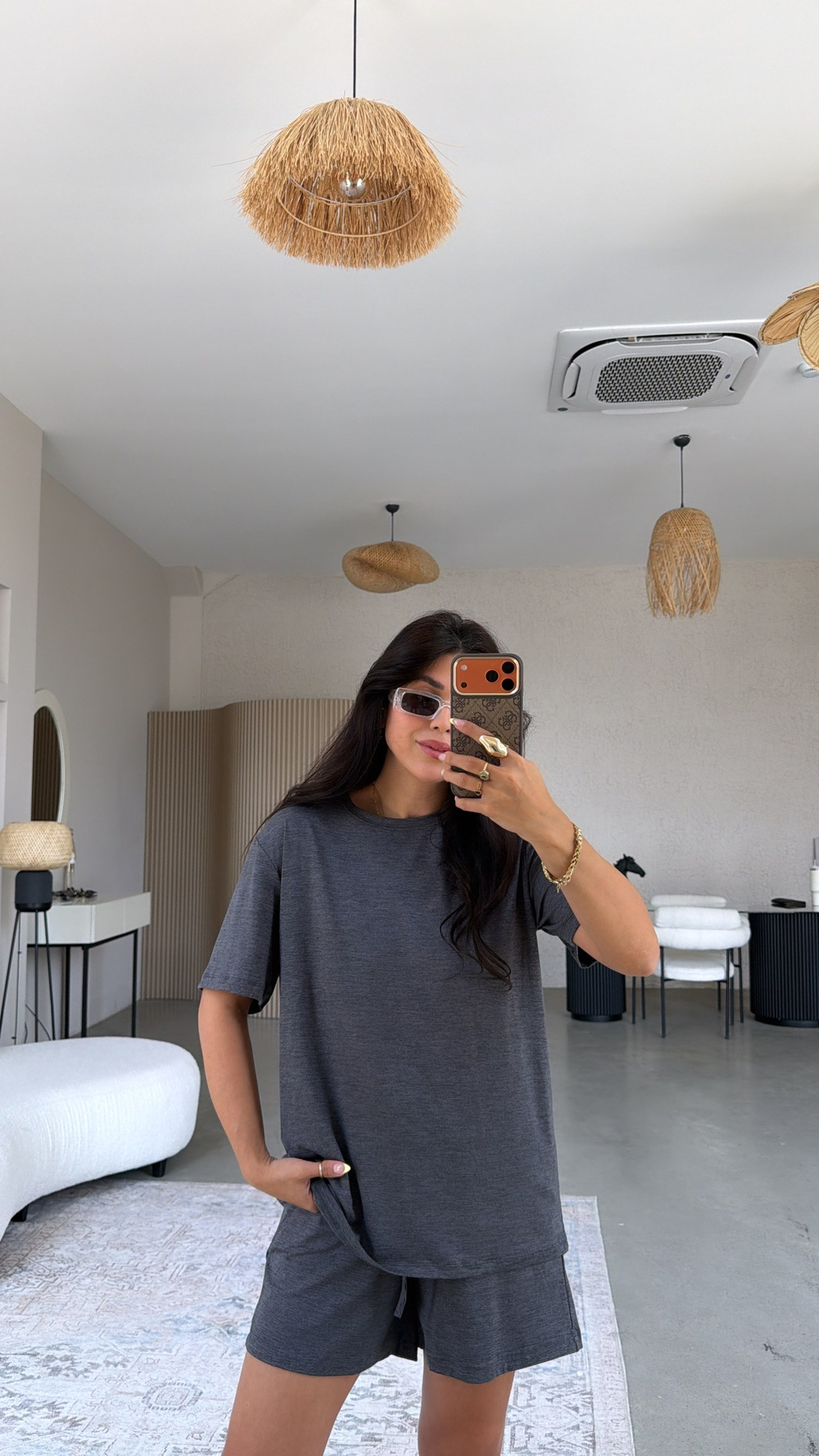Antrasit Kırçıllı Rahat Kumaş Şort Tshirt Takım