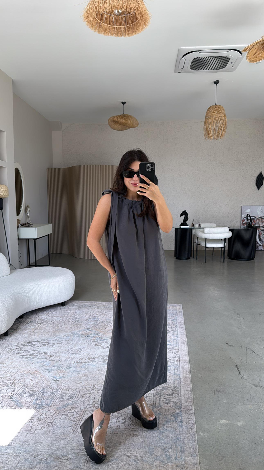 Antrasit Omuzları Bağlı Tensel Maxi Elbise