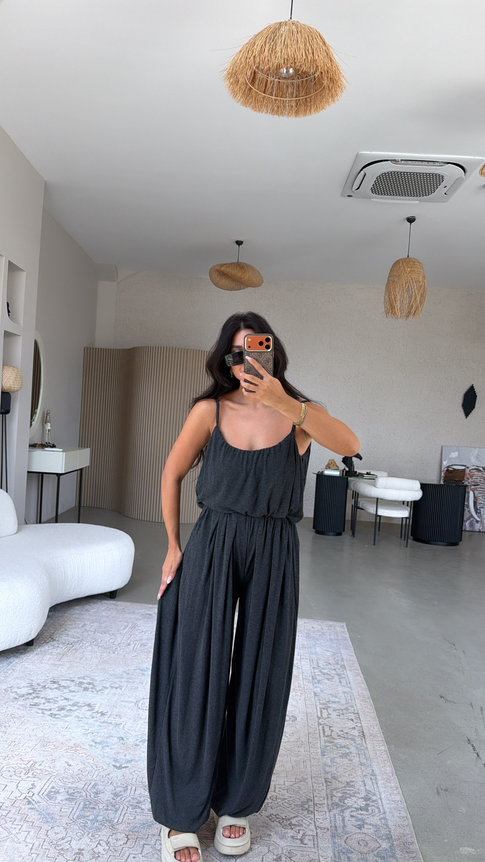 Antrasit Oys Model Askılı Bluz Şalvar Dökümlü Takım