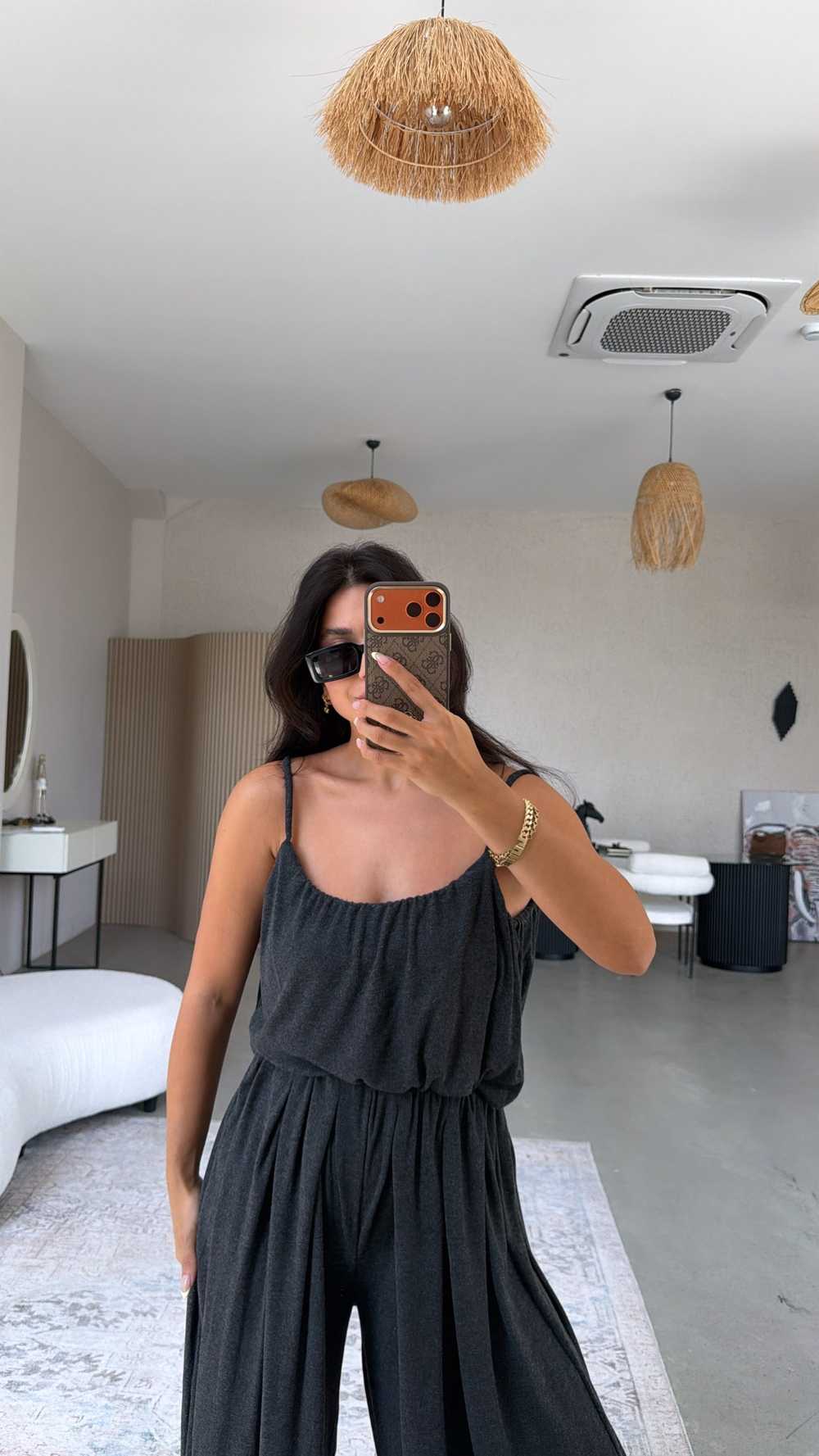 Antrasit Oys Model Askılı Bluz Şalvar Dökümlü Takım