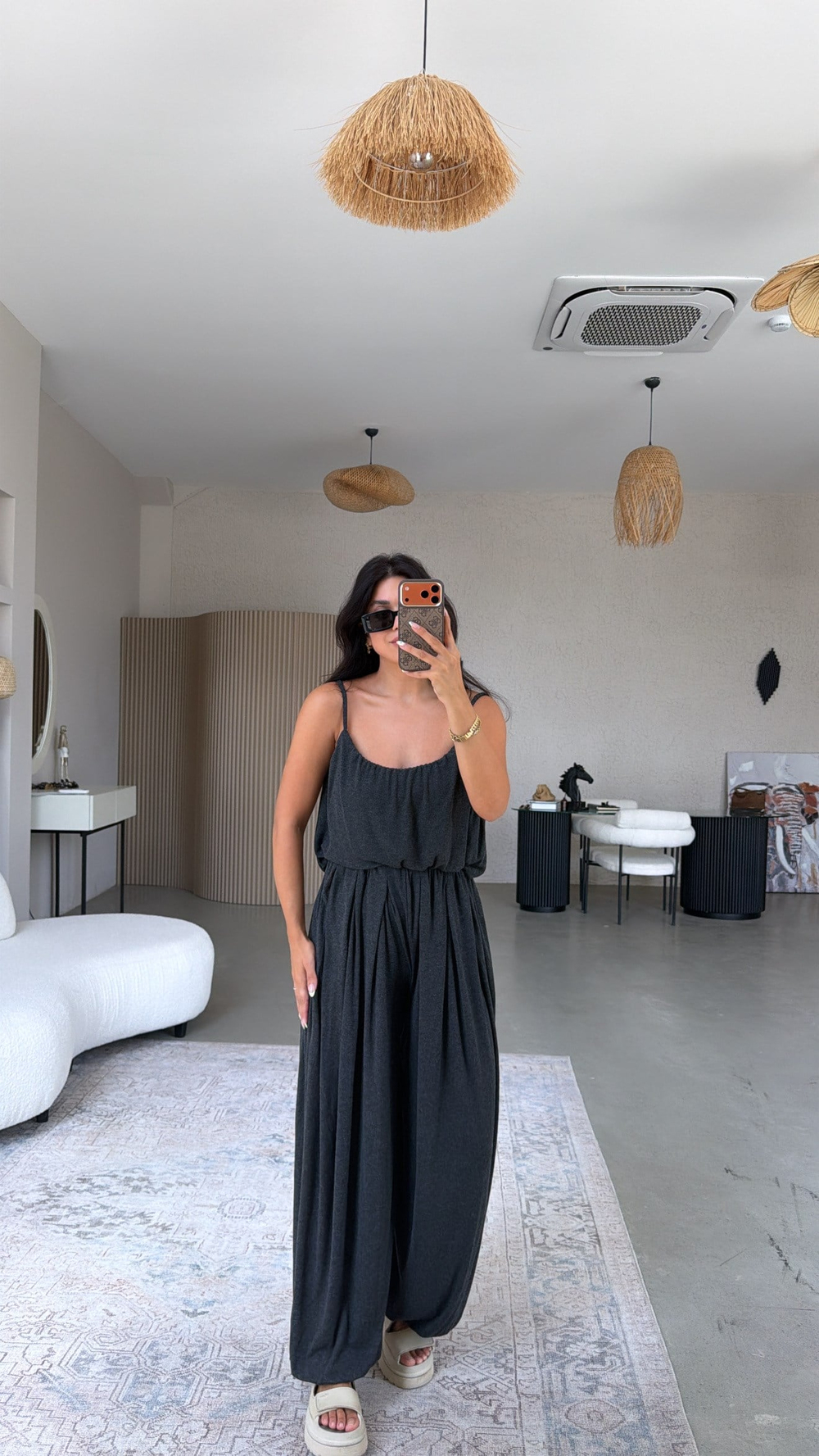 Antrasit Oys Model Askılı Bluz Şalvar Dökümlü Takım