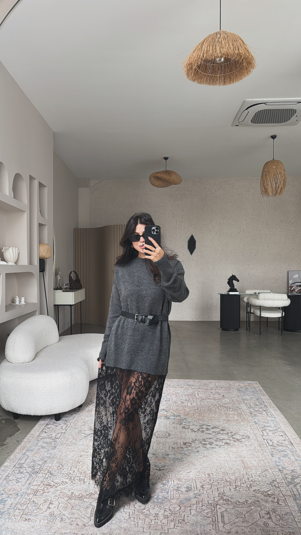Antrasit Triko Dantelli Maxi Boy Elbise