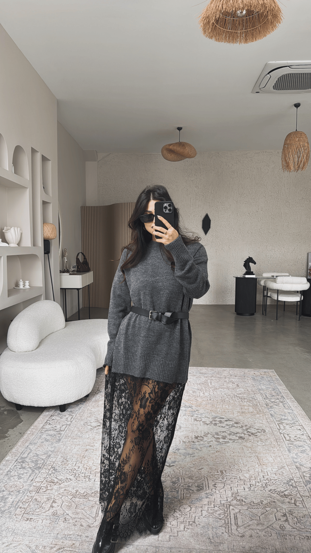 Antrasit Triko Dantelli Maxi Boy Elbise