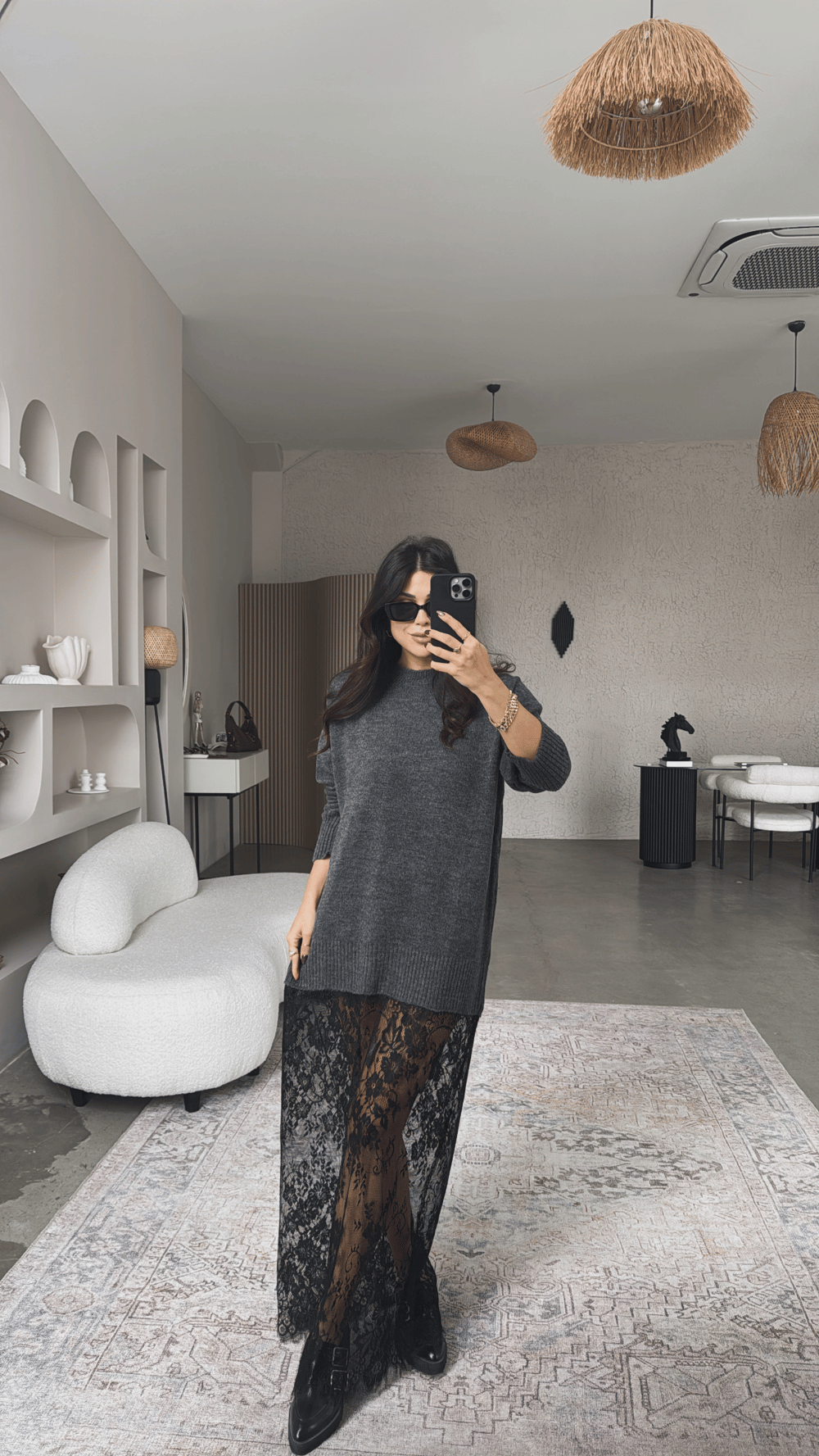 Antrasit Triko Dantelli Maxi Boy Elbise