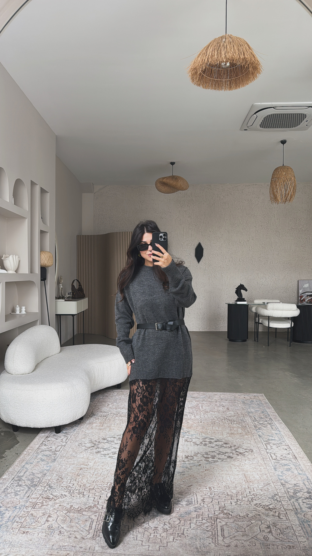 Antrasit Triko Dantelli Maxi Boy Elbise
