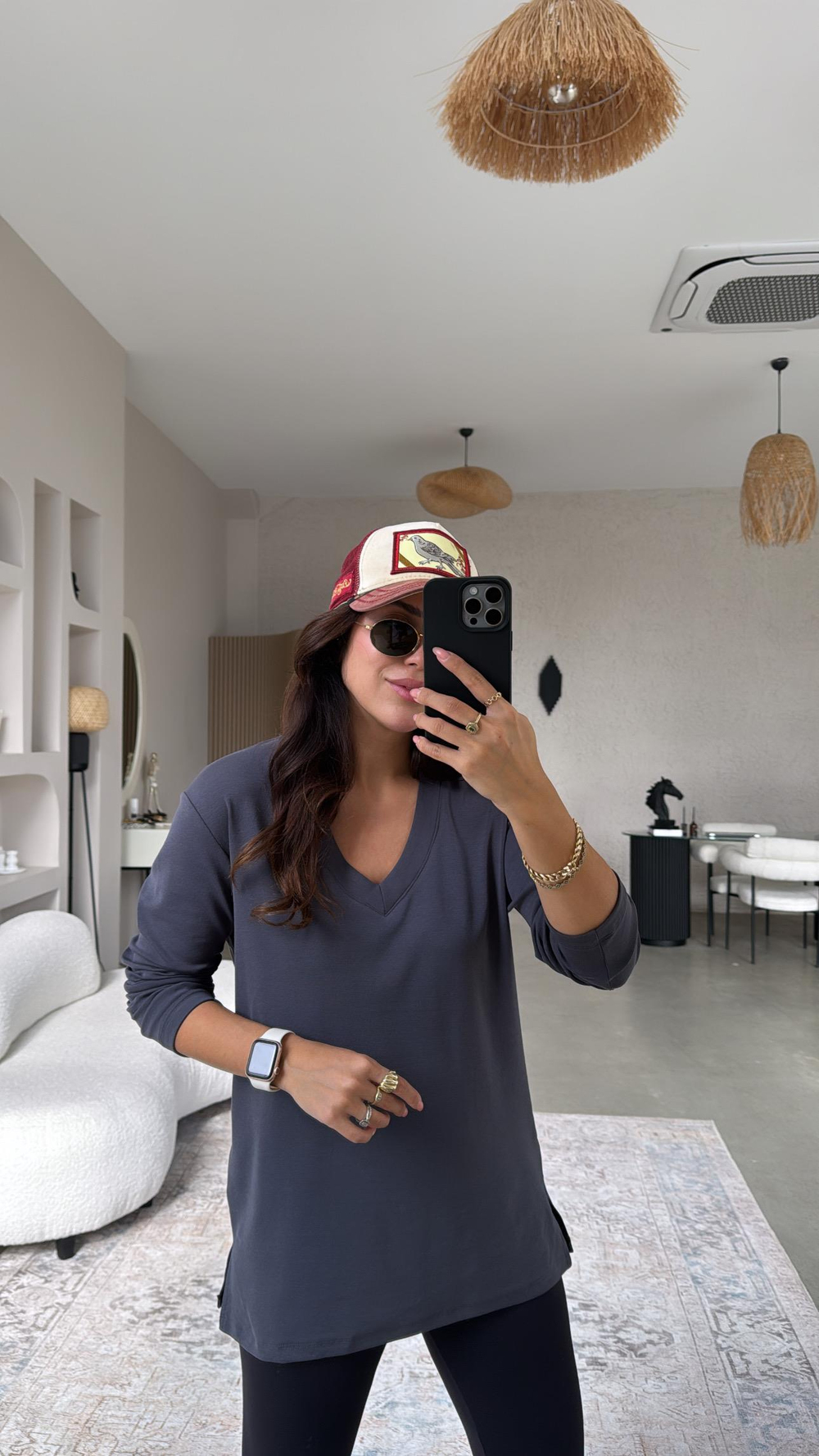 Antrasit V Yaka Uzun Kol Pamuk Basic