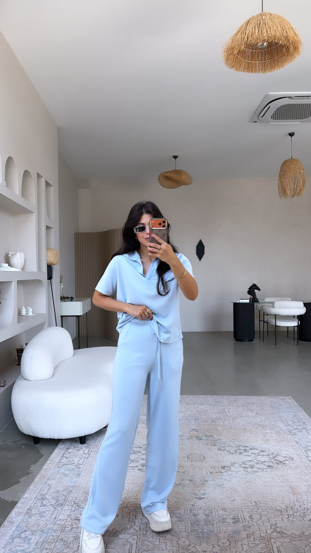 Bebe Mavi Basic Modal Kumaş Yakalı Bol Paça Takım