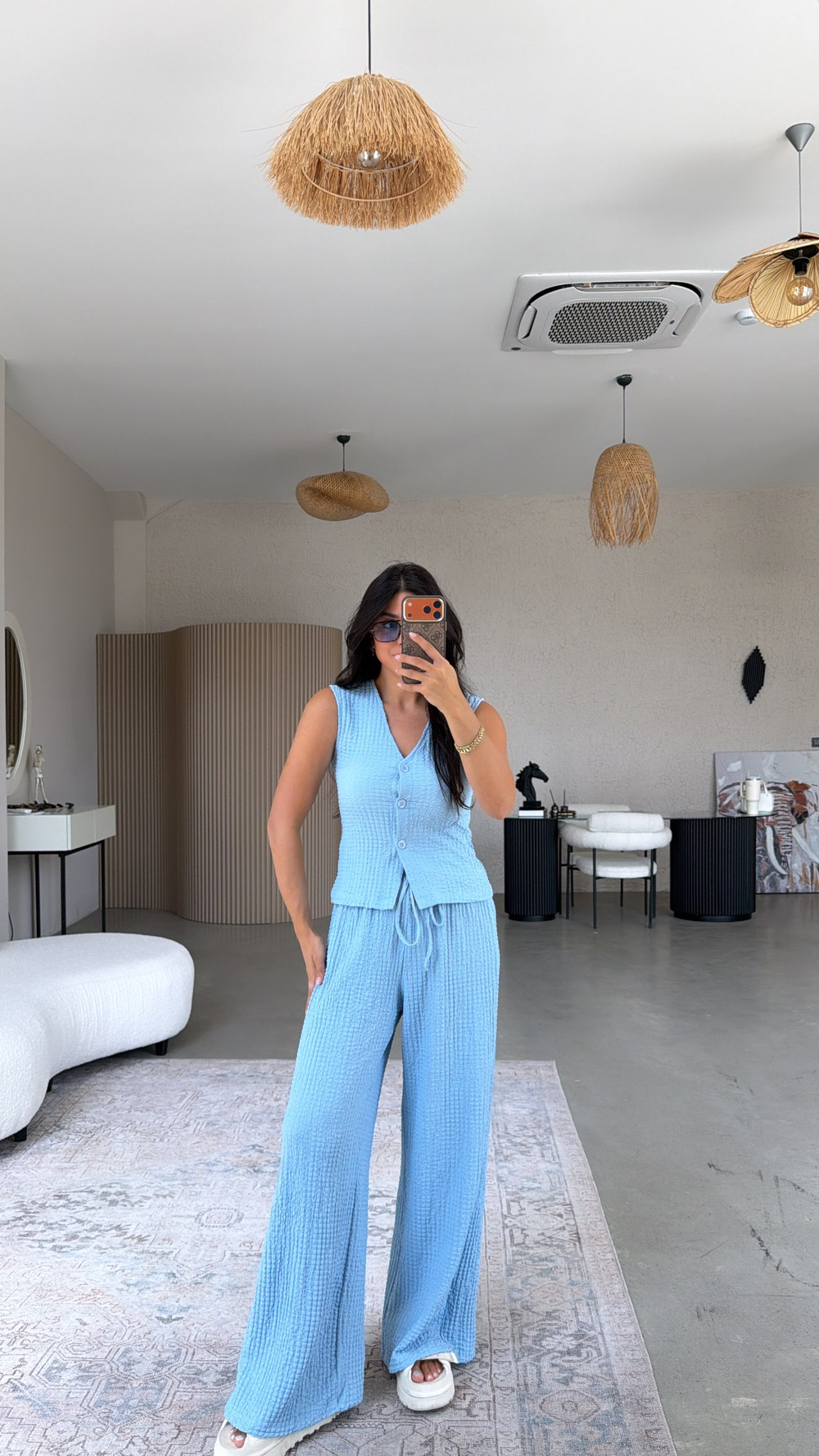 Bebe Mavi Bubble Kumaş Yelek Pantolon Takım