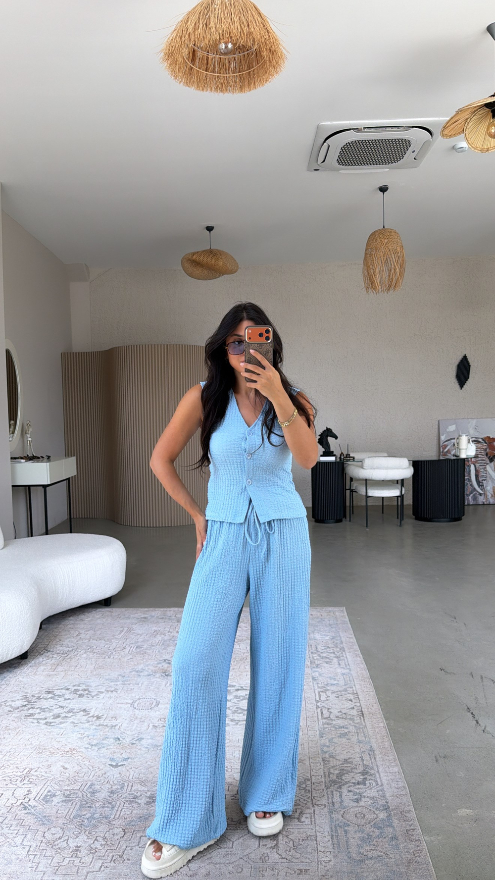 Bebe Mavi Bubble Kumaş Yelek Pantolon Takım